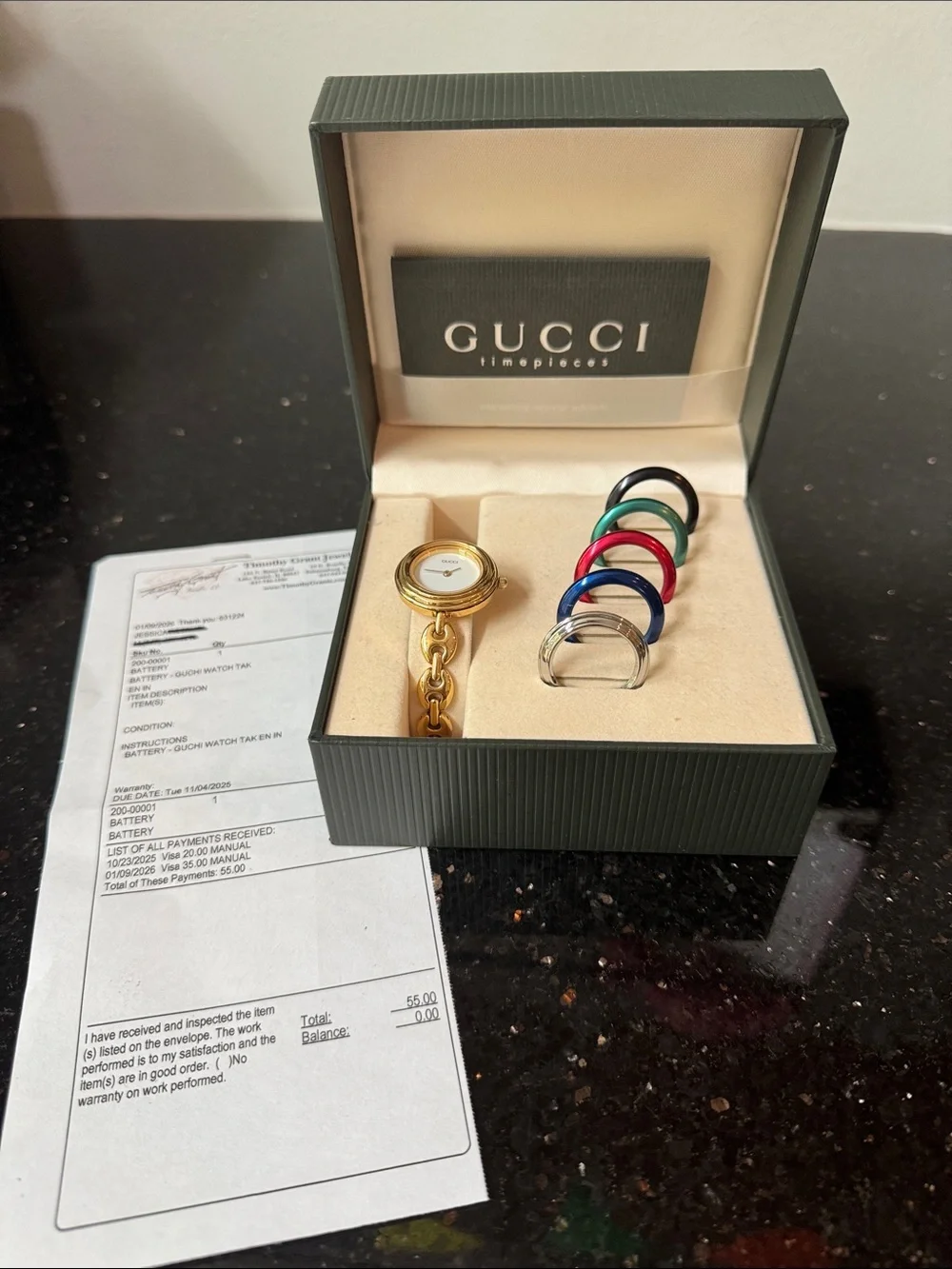 Vintage Gucci Gold Plated Bracelet Watch with Interchangeable Colored Bezels